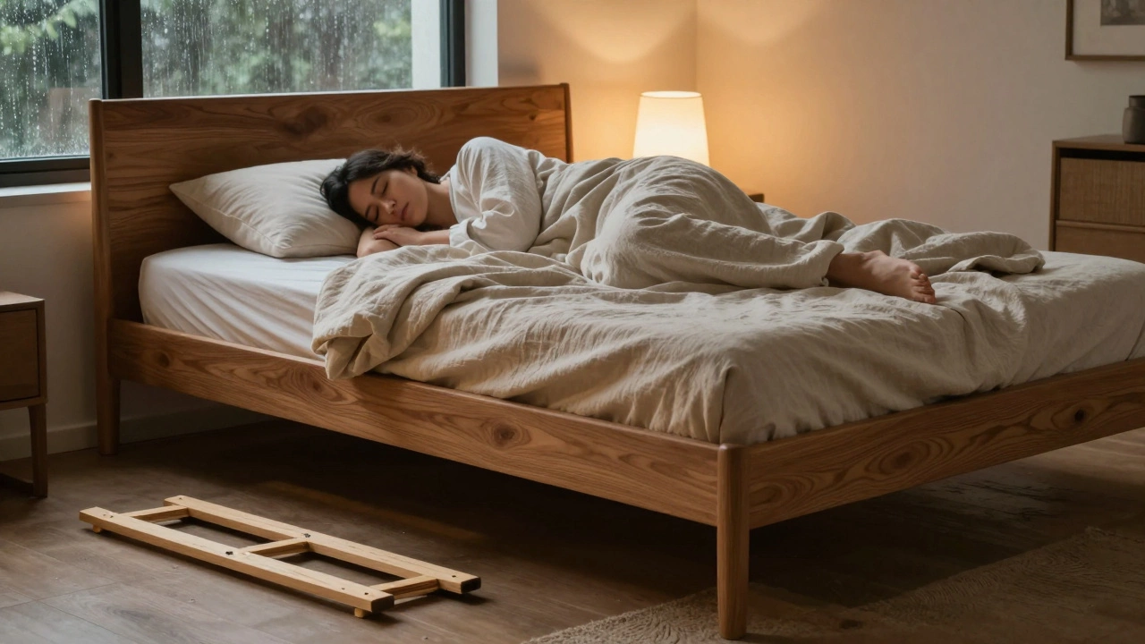 Спокойный сон на дорогой кровати из массива, рядом лежит сломанная дешевая рама — символ долговечности и здоровья.