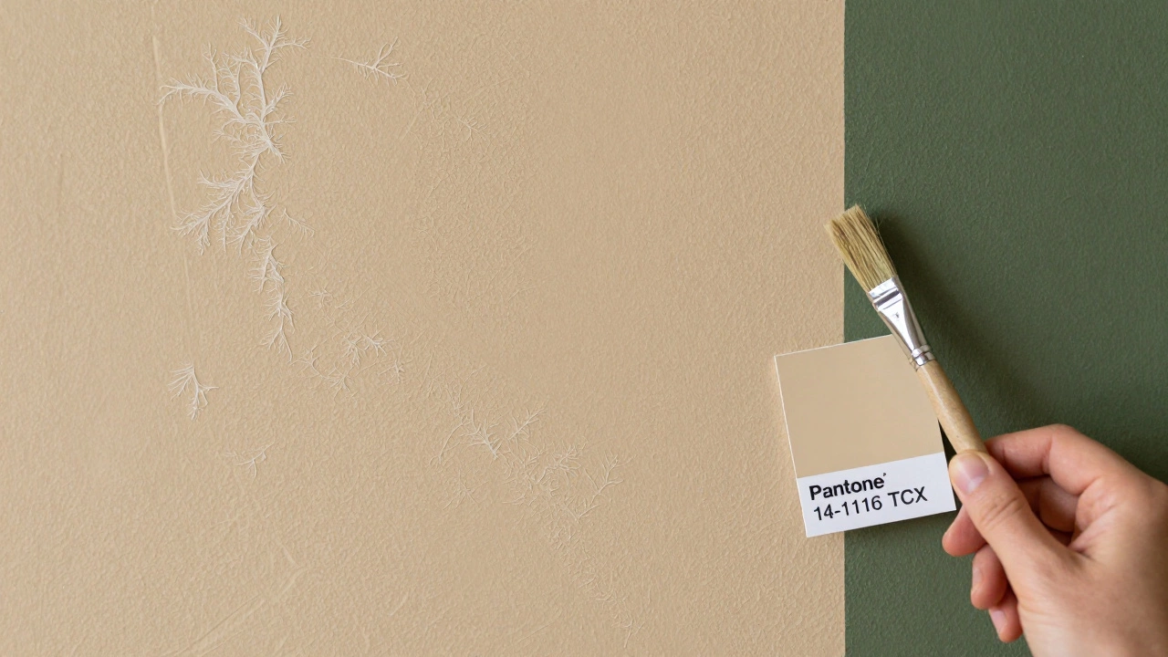 Текстурированная матовая стена в теплом бежевом оттенке с легкими узорами, напоминающими морозные узоры.