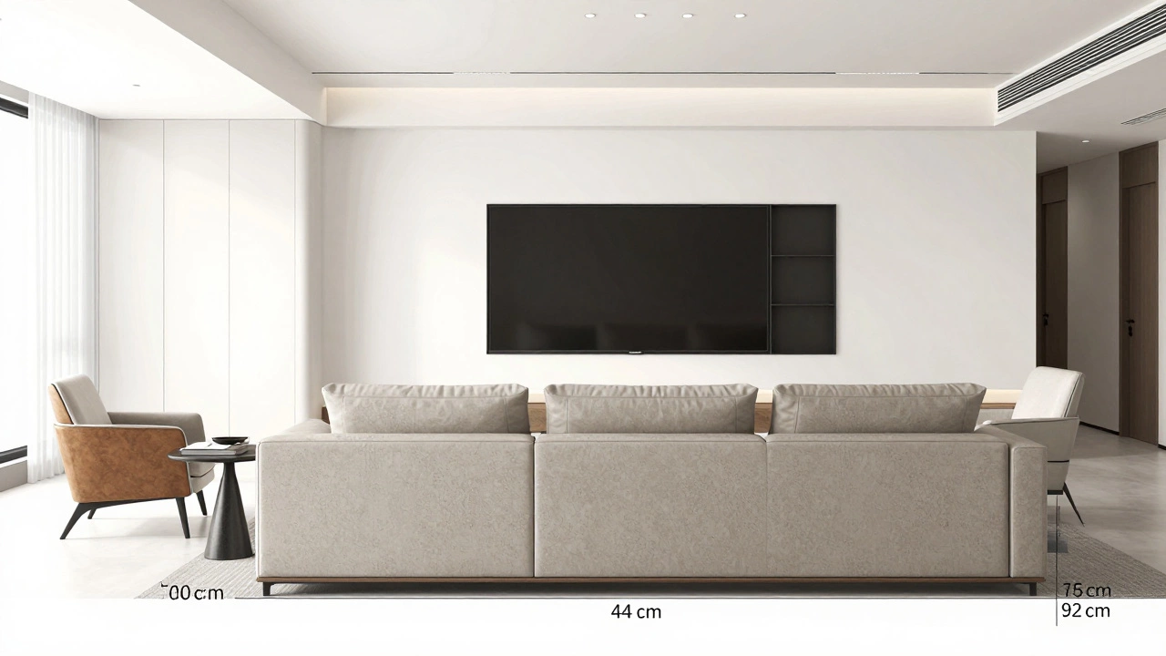 Трехместный диван в гостиной среднего размера с правильной глубиной и высотой, окруженный свободным пространством.