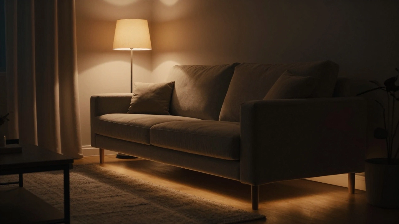 Уютный вечерний интерьер с подсветкой дивана и торшером для чтения.