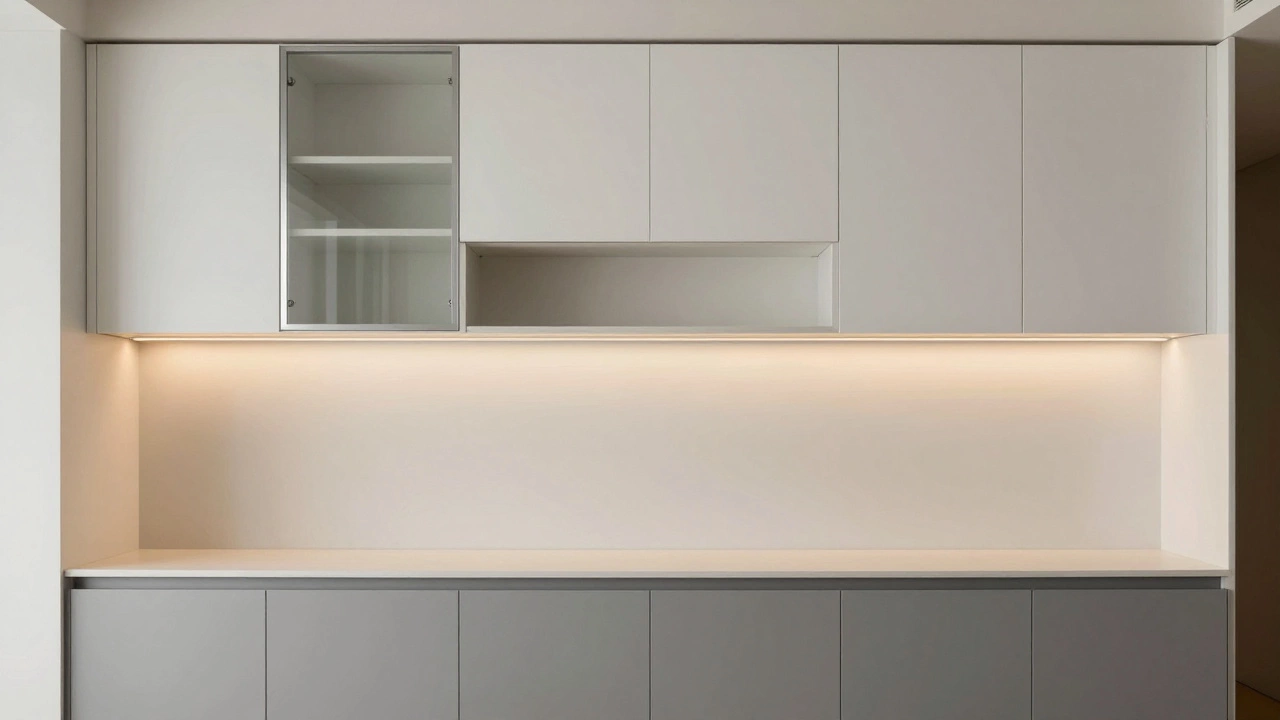 Дизайн кухни с сочетанием серых нижних шкафов из пластика и белых верхних из эмали