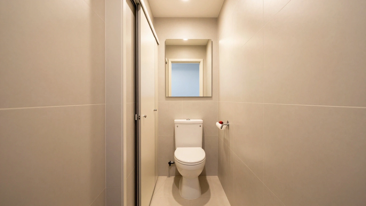 Дизайн маленького санузла с раздвижной дверью и большим зеркалом