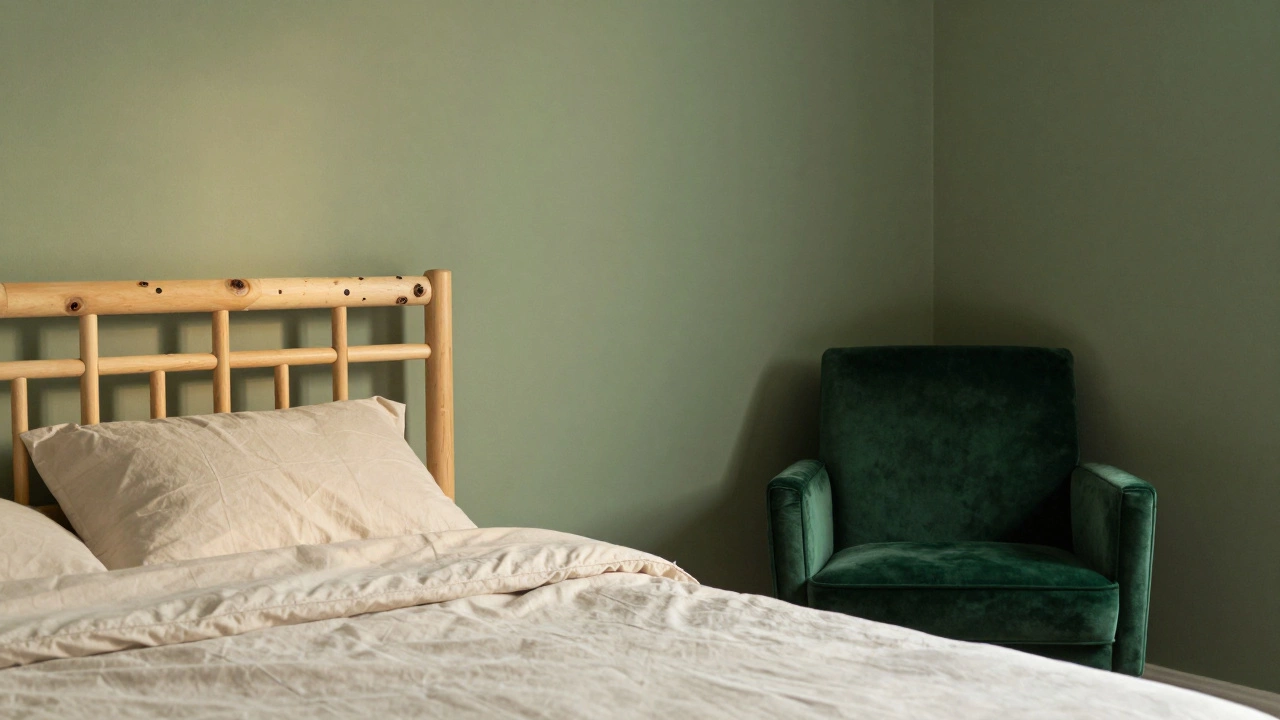 Интерьер спальни в шалфейно-зеленых тонах с мебелью из светлого дерева