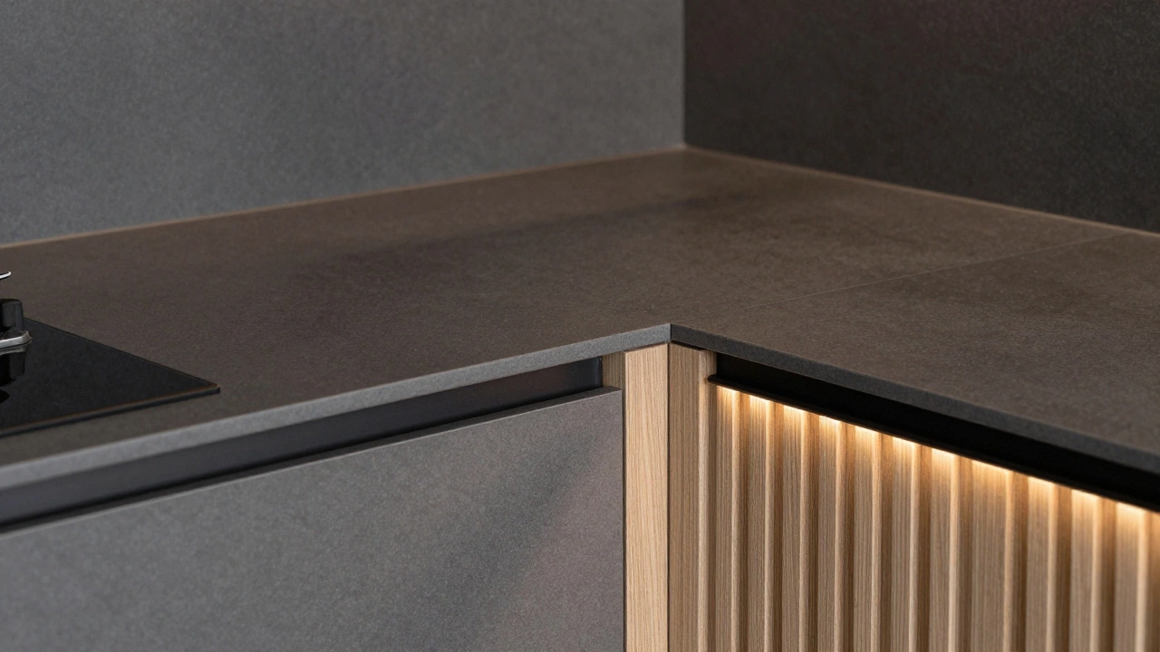 Крупный план кухонных фасадов в цвете графит с вертикальными деревянными рейками и скругленными углами