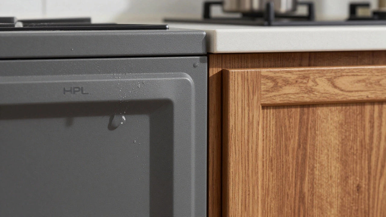 Крупный план сравнения текстур фасадов из серого HPL-пластика и натурального дуба