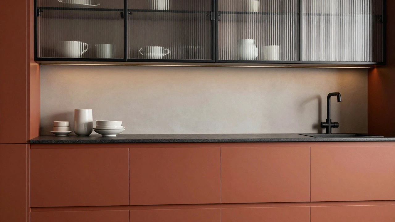 Кухня с терракотовыми нижними модулями и верхними шкафами из рифленого стекла в черном профиле