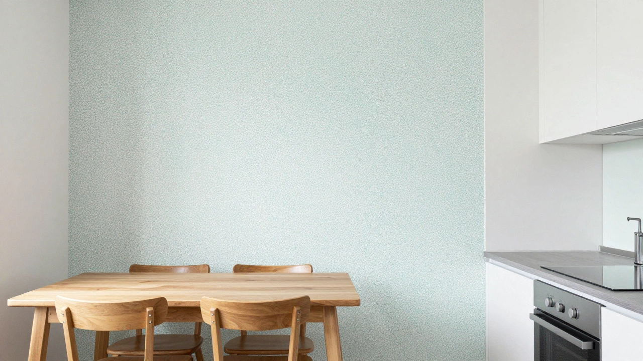 Маленькая кухня с обоями с мелким принтом и зеркальным фартуком для объема