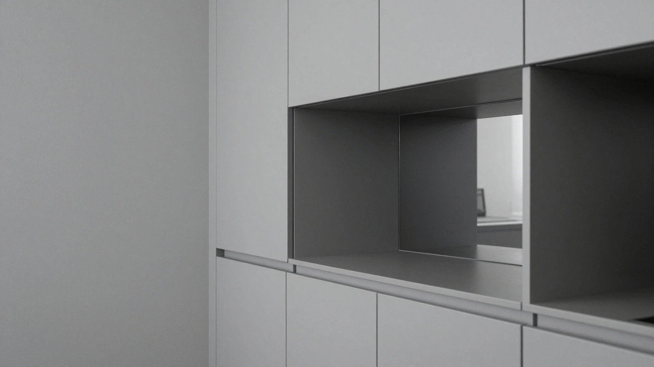 Серая кухня с глянцевыми фасадами в монохромном стиле