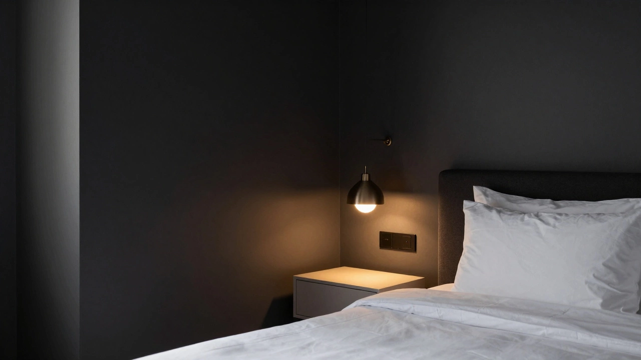 Современная спальня с темно-серой акцентной стеной и теплым приглушенным освещением