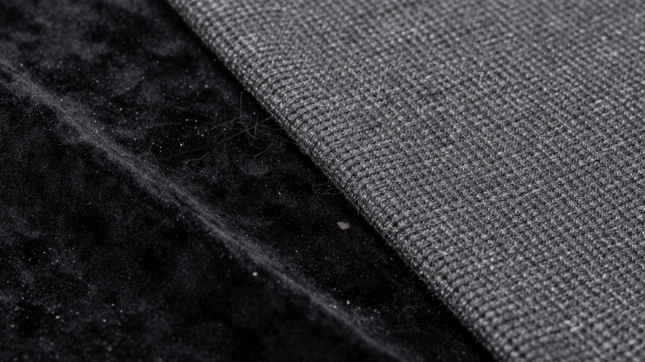 Сравнение черной ткани с пылью и практичной графитовой рогожки крупным планом