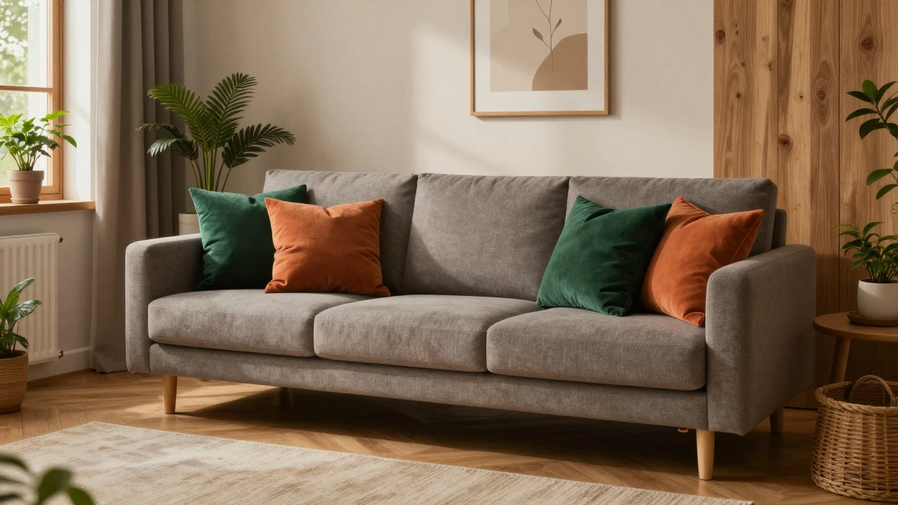 Тауповый диван с изумрудными и терракотовыми подушками в скандинавском интерьере