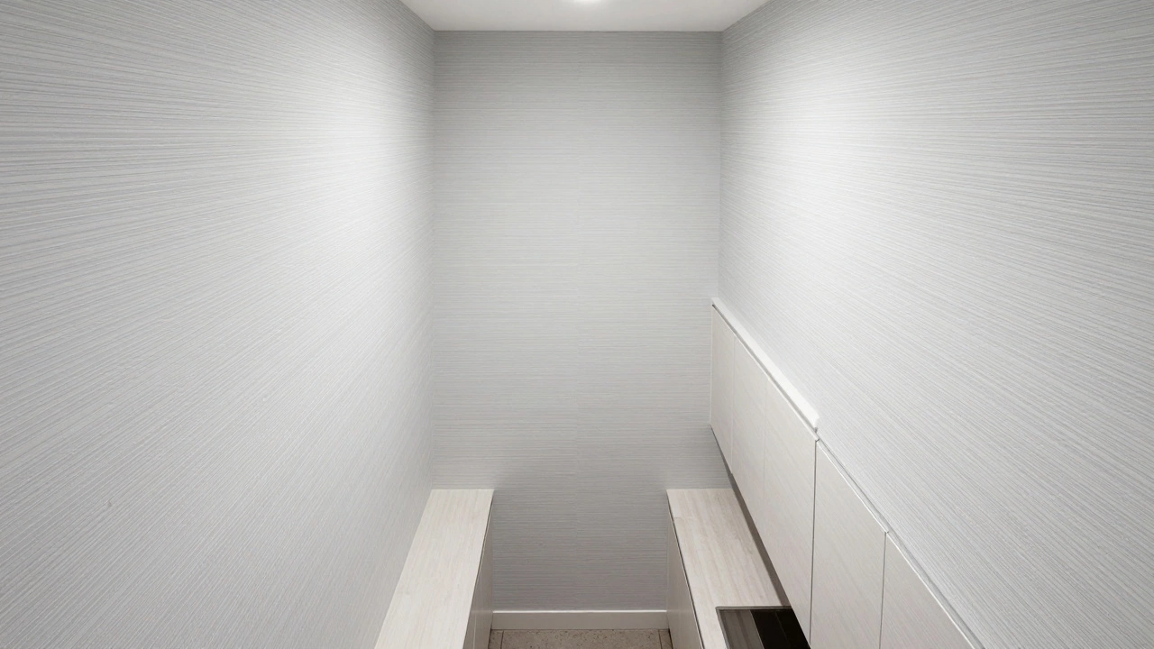 Узкая кухня с горизонтальными полосами на стенах для создания эффекта ширины