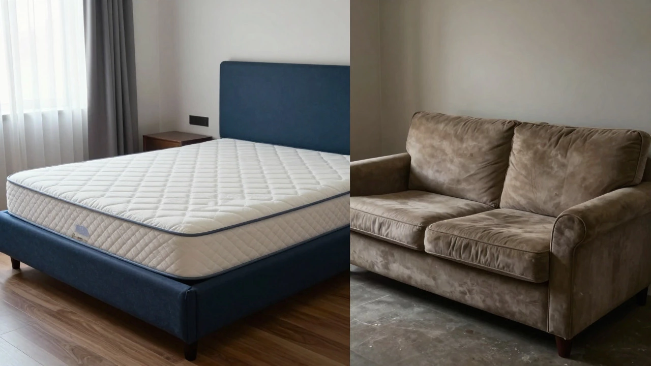 Сравнение долговечности: надежная кровать для отеля и изношенный домашний диван